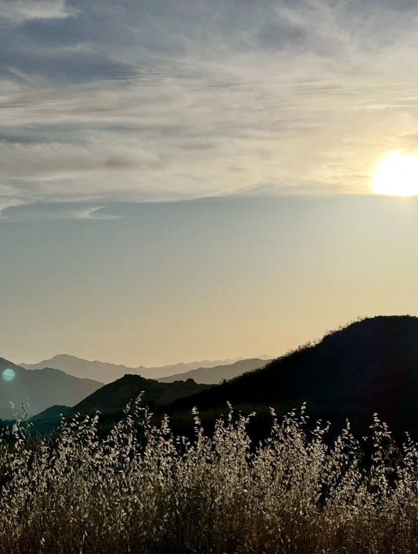 Sunset over the hills with dry grasses in the foreground